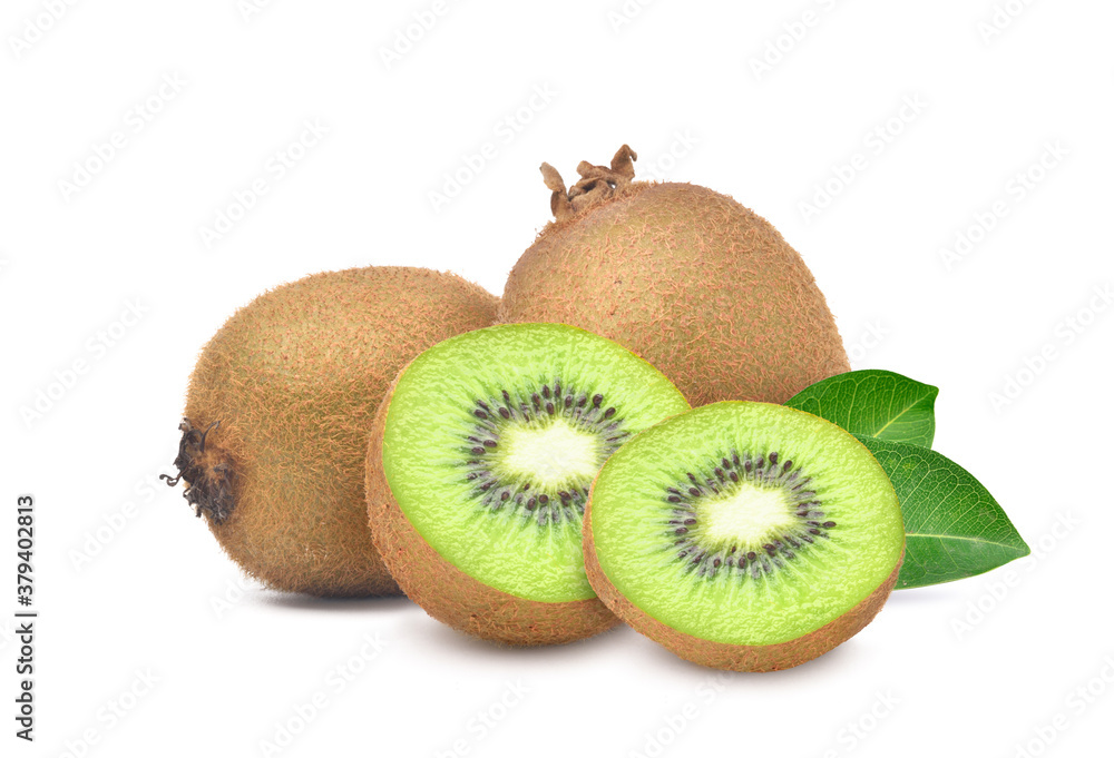 Obraz premium Juicy Kiwi fruit with cut in half and green leaf isolated on white background
