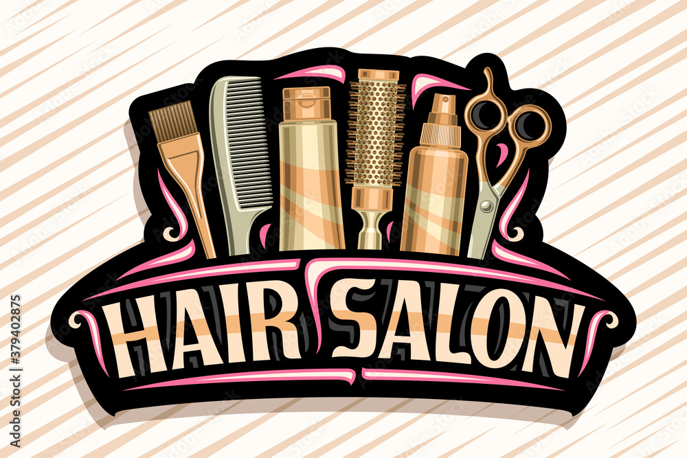 Vector logo for Hair Salon, dark decorative sign board with professional  beauty accessories, unique letters for brown words hair salon, elegant  signage for beauty parlor with red curly flourishes. Stock Vector |