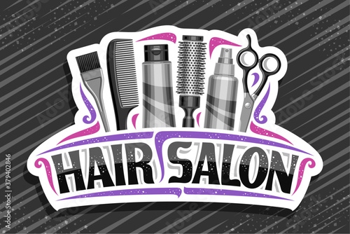 Vector logo for Hair Salon, white decorative sign board with professional beauty accessories, unique letters for black words hair salon, elegant signage for beauty parlor with pink curly flourishes.