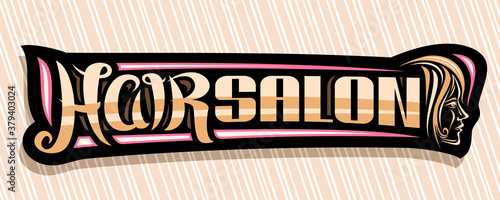 Vector banner for Hair Salon, dark decorative sign board  with women face, unique brush letters for words hair salon, horizontal elegant signage for professional beauty parlor with pink flourishes.