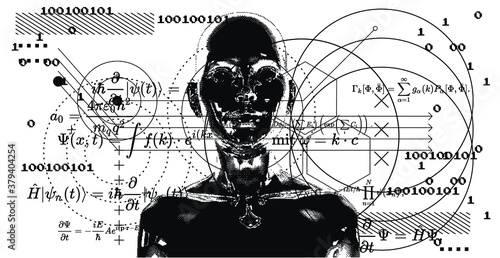 Abstract technology background with binary code and human silhouette. Conceptual illustration of Artificial intelligence, Cryptography and Cyber Security.