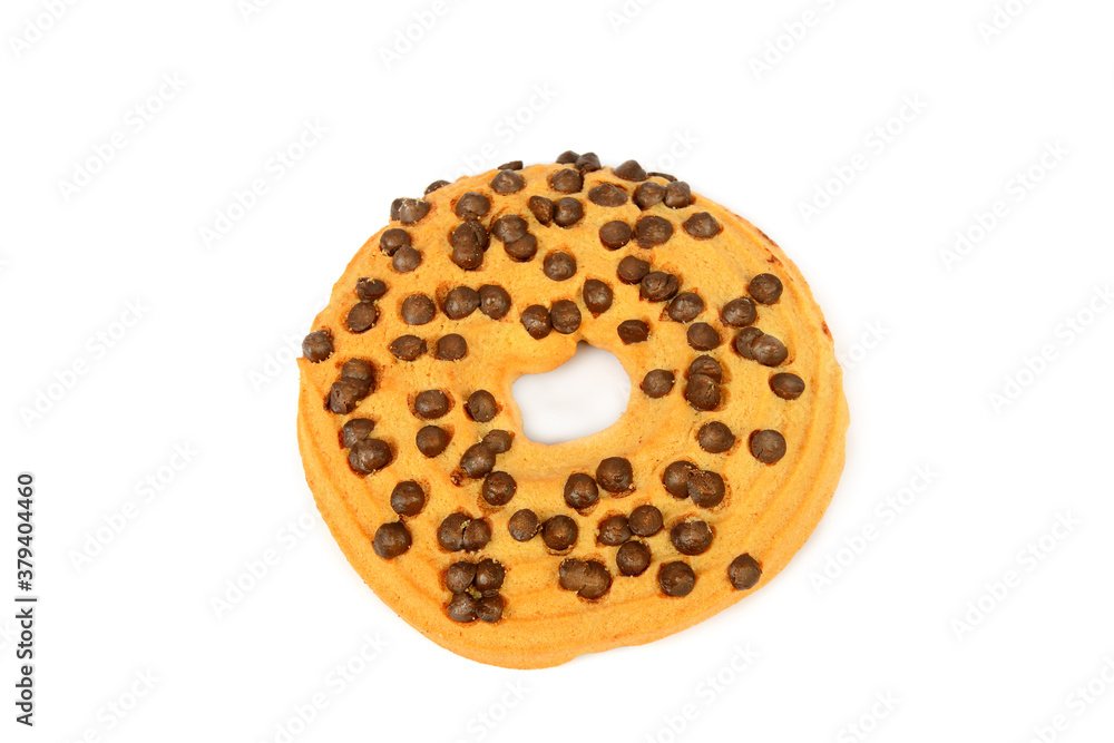 Appetizing butter bagel with chocolate pieces isolated on white.
