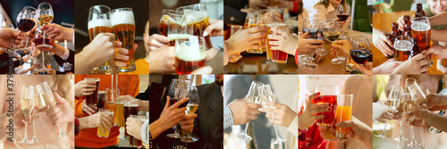 Collage of hands of young friends  colleagues during beer drinking  having fun  clinking bottles  glasses together. Flyer design. Oktoberfest  friendship  togetherness  happiness  holidays concept