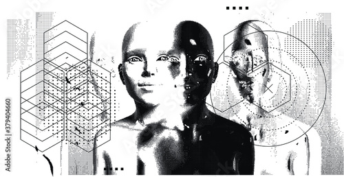 Glitchy bifurcated human silhouette made of pixels. Conceptual illustration of Cyber and Internet Security, Anonymous hacker.