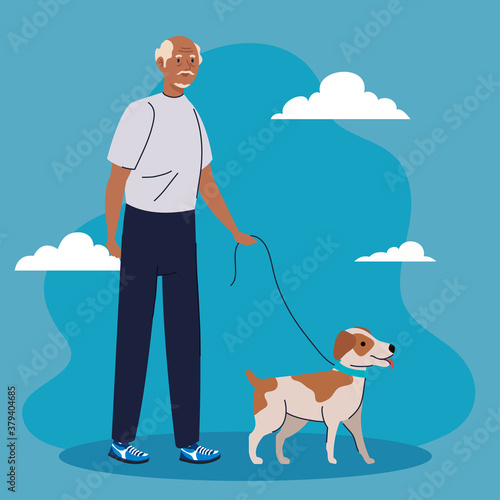 old man walking with dog pet on blue background vector illustration design