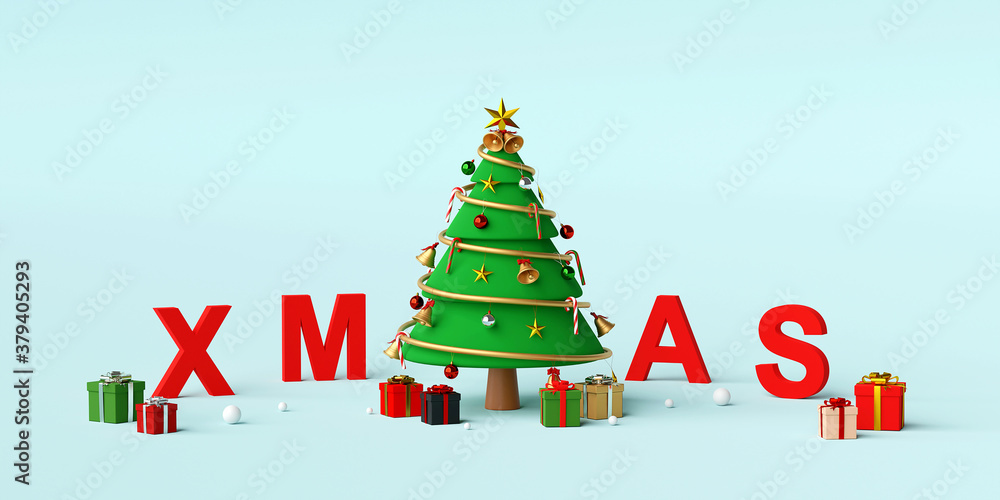 Merry Christmas and Happy New Year, Christmas tree with letters XMAS, 3d rendering Merry Christmas and Happy New Year, Christmas tree with letters XMAS, 3d rendering