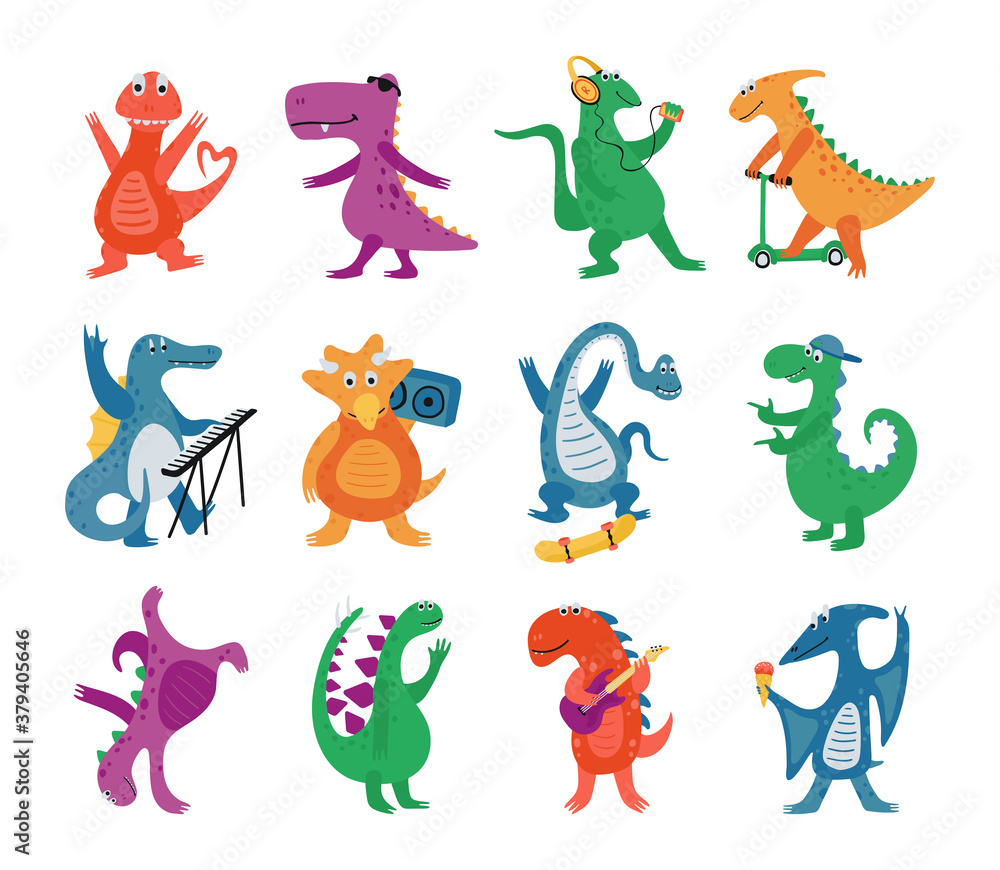 Collection funny dinosaurs in cartoon style isolated on a white background. Bright cute animal characters play musical instruments, dance and ride a skateboard and scooter. Vector illustration