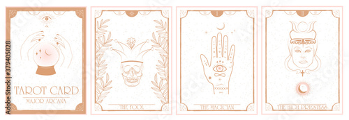Set of Tarot card, Major Arcana. Occult and alchemy symbolism. The Fool, The Magician, The High Priestess. ditable vector illustration.