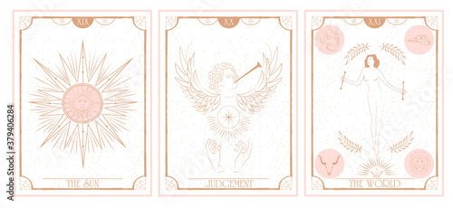 Set of Tarot card, Major Arcana. Occult and alchemy symbolism. The Sun, Judgement, The World. Editable vector illustration.
