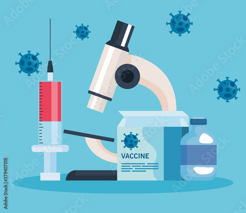 medical vaccine research coronavirus, with microscope and icons of laboratory, medical vaccine research and educational microbiology for coronavirus covid19 vector illustration design