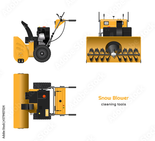 Blueprint of snow blower in realistic style. Top, side and front view. Winter hand tool for ice removal. Isolated 3d plow machine