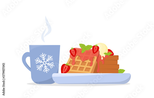 Delicious breakfast with Belgian waffles and coffee. Waffles with topping, ice cream and strawberry