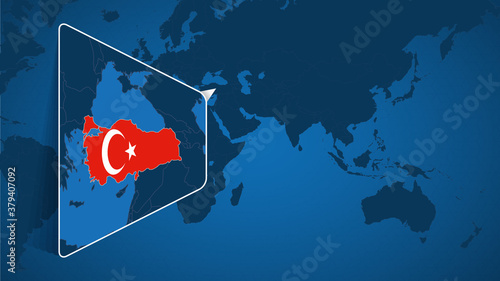 Location of Turkey on the World Map with Enlarged Map of Turkey with Flag.