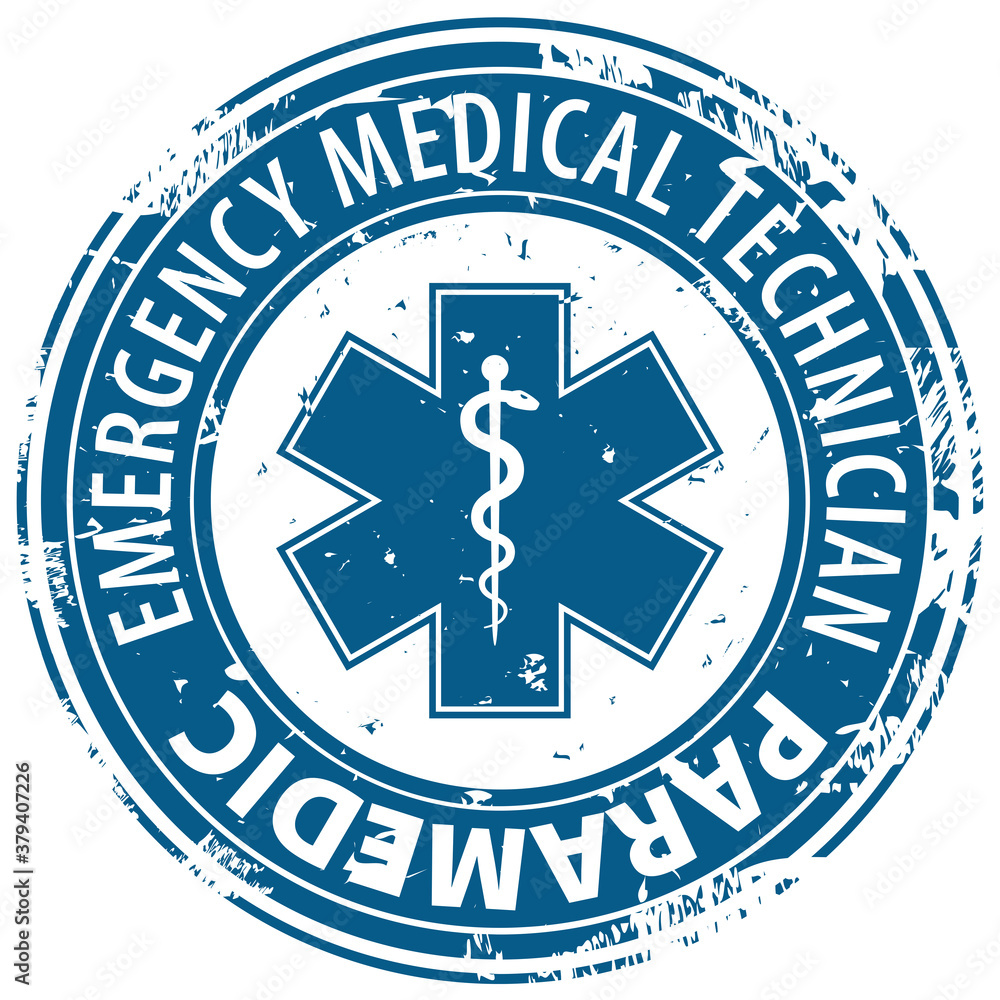 EMT Emergency Medical Technician Paramedic text and Star of Life symbol rubber stamp icon