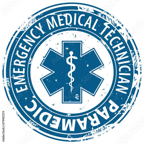 EMT Emergency Medical Technician Paramedic text and Star of Life symbol rubber stamp icon isolated on white background. Emergency Medical service emblem.