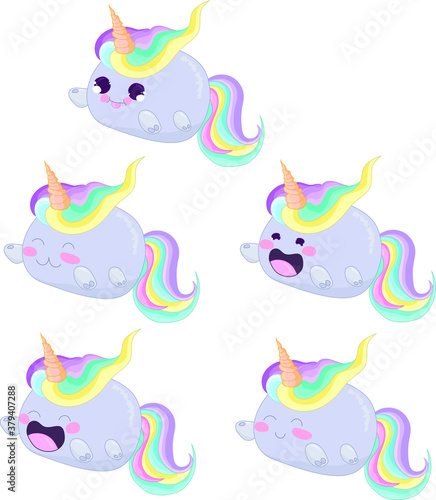 Cute rainbow unicorn cat creature template set. Cartoon vector illustration for icons  emoji symbols  games  background  pattern  decor. Print for fabrics and other surfaces.