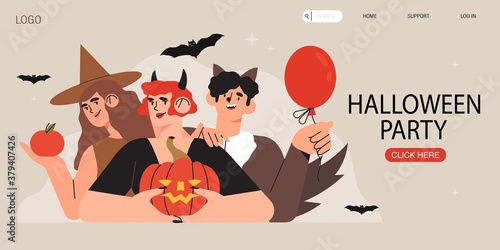Vector illustration of group of happy people in costumes celebrate halloween and hold jack o lantern pumpkin. Concept of halloween party with cartoon characters for banner, web page, flyer, poster.