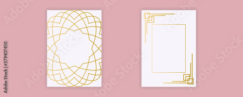 Vector geometric cards in Art Deco style. Light golden flyers. Premium vector frame in luxury style.