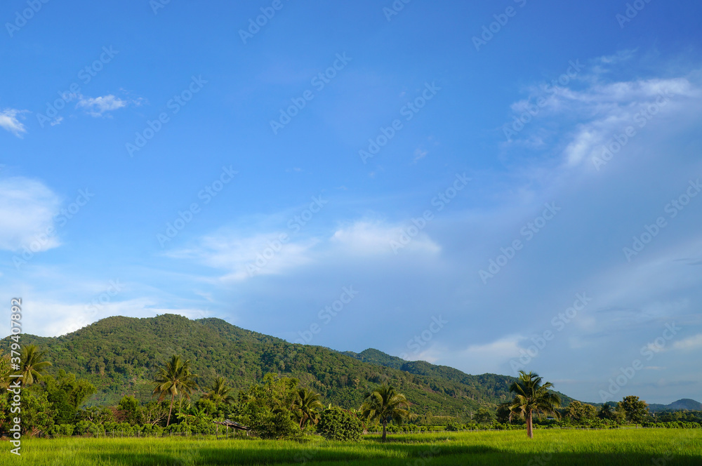 Green mountains, blue sky and beautiful background