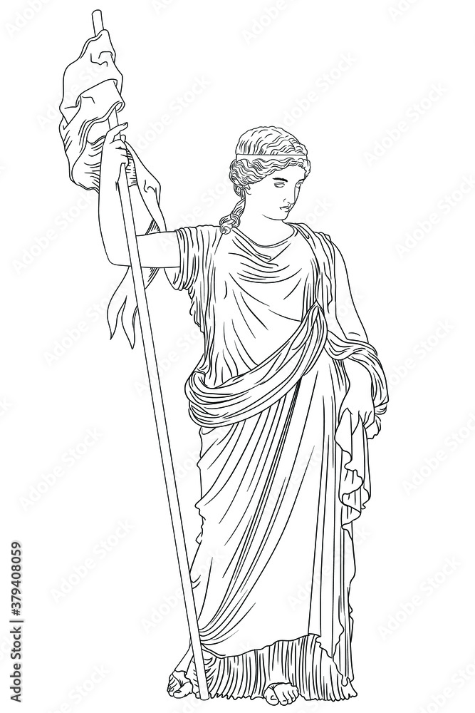 A young slender woman in an ancient Greek tunic with a pennant in her hand.