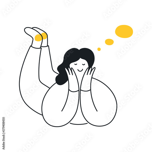 Dreaming cartoon woman lying down and dreaming, thinking. Several bubbles above her head. Flat line minimal vector illustration on white.