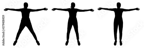 Female silhouette isolated on white background. Sports, fitness, exercise. Three black silhouettes of a girl with wide open arms and wide legs. Front view, full face. Vector.