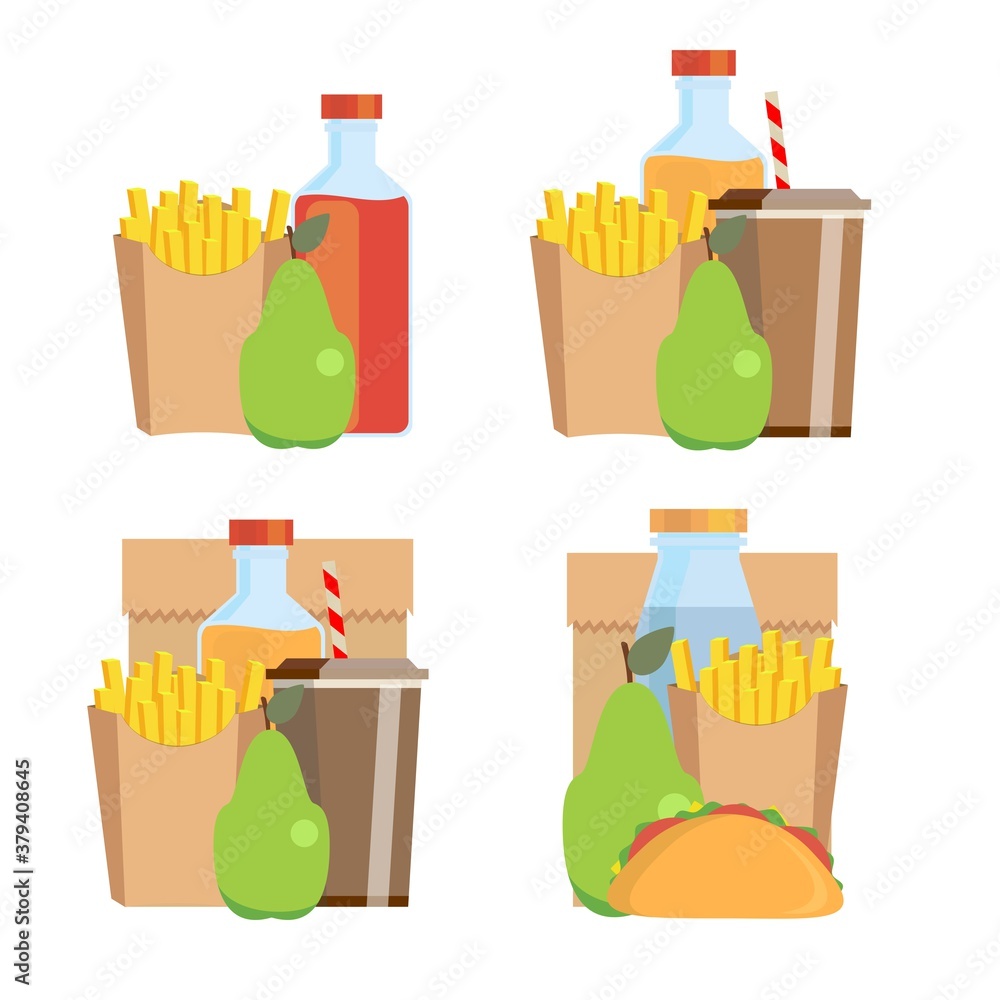 Lunchbox with cheese sandwich, tomato slices, potato chips, paper bag for school or work set. Dinner lunch container with snacks, meals homemade food. Vector isolated sketch illustration