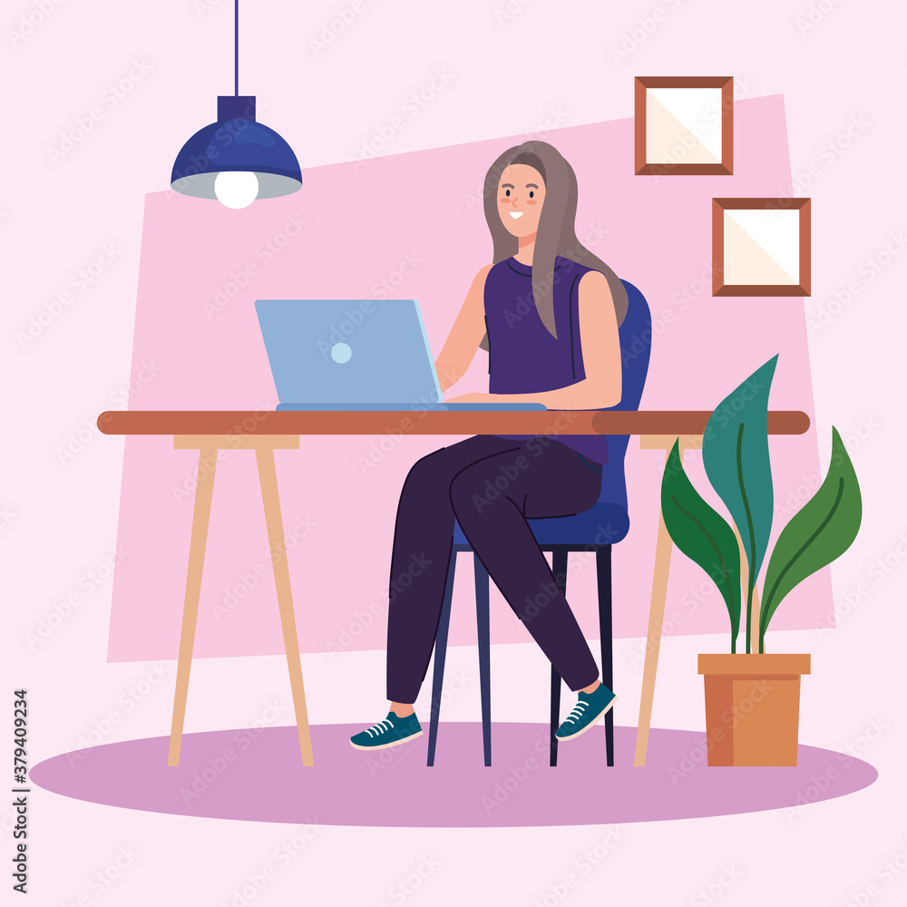 young woman using laptop on desk, working online concept vector illustration design young woman using laptop on desk, working online concept vector illustration design