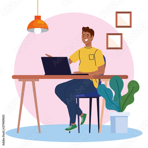 man afro using laptop computer in desk, working online vector illustration design