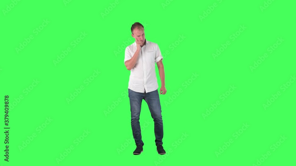 Thoughtful smart casual business man having idea or inspiration. Full body on green screen. Thoughtful smart casual business man having idea or inspiration. Full body on green screen.