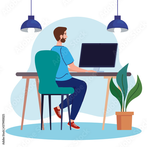 young man using computer in desk, working online vector illustration design