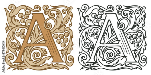Initial letter A with vintage baroque ornamentation. Two vector illustrations of uppercase letter A with decorations. Beautiful filigree capital letter to use monogram, logo,emblem, card, invitation
