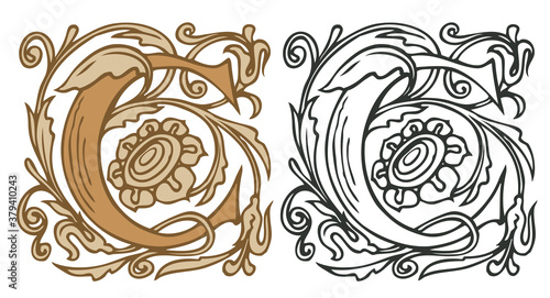 Initial letter C with vintage Baroque decorations. Two vector uppercase letters C in beige and black-white colors. Beautiful filigree capital letter to use for monogram, logo, emblem, card, invitation