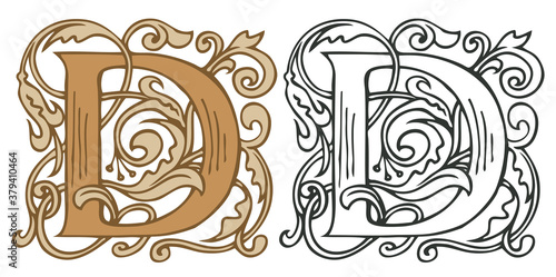 Initial letter D with vintage Baroque decorations. Two vector uppercase letters D in beige and black-white colors. Beautiful filigree capital letter to use for monogram, logo, emblem, card, invitation