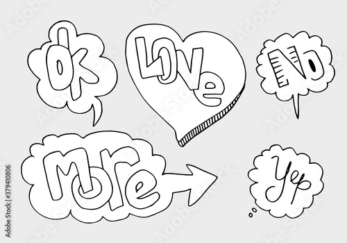 Handdrawn arrows, borders set with handwritten text:ok,more,love,no,yep. Vector icon.