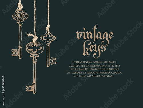 Banner with vintage keys, lettering, and place for text on a black background. Gothic font. Hand-drawn vector illustration in retro style.