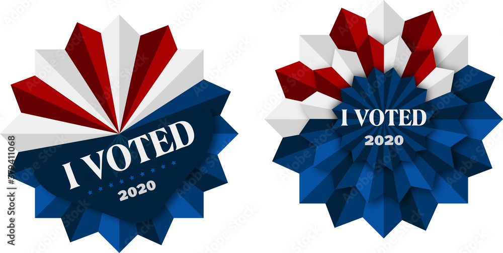 Vektor Banner Vote 2020, I Voted, Präsidentschaftswahlen, Pin mit weißen, roten und blauen Elementen, Button mit Schriftzug 