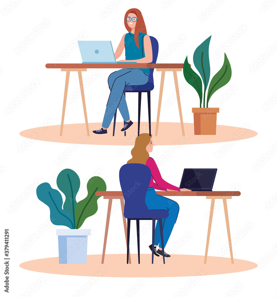 coworking space, women in desks with laptops, team working concept vector illustration design coworking space, women in desks with laptops, team working concept vector illustration design