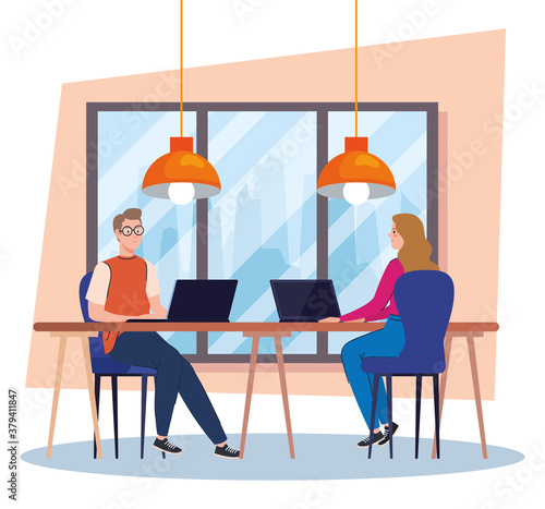 coworking space, young couple in desk with laptops, team working concept vector illustration design