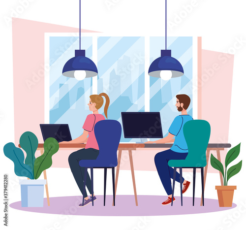 coworking space, young couple in desk with computers, team working concept vector illustration design