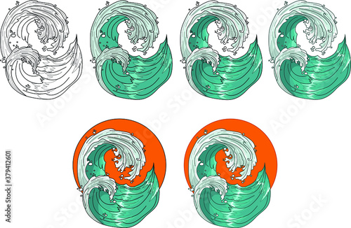 Realistic chinese style sea waves template set. Cartoon vector illustration in color and balck and white for games, background, pattern, decor. Print for fabric and other surface. Coloring paper, page photo