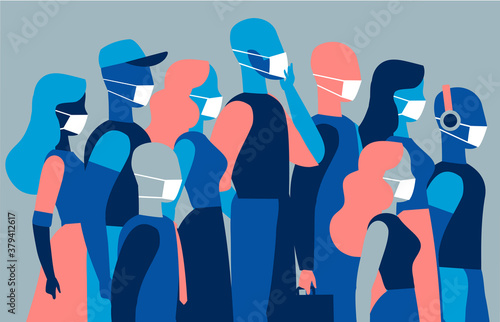 Un gruppo di uomini e donne che indossano mascherine protettive mediche