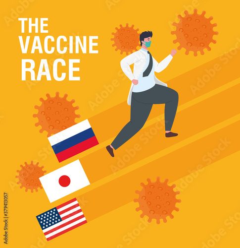 the race between country, for developing coronavirus covid19 vaccine, doctor running and flags of competing countries vector illustration design