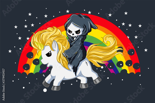 A cute skull on white gold unicorn with rainbow background
