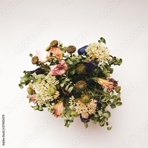 Top view of summer bouquet: variety of dried flowers