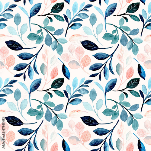 Watercolor seamless pattern with peach blue leaves