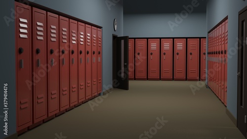Empty Dark School Hallways Red Lockers