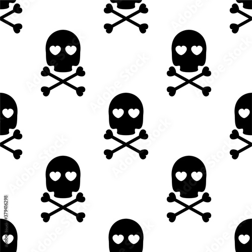 skull and crossbones seamless pattern. black skull silhouette with hearts in your eyes on a white background. Gothic vector illustration, print
