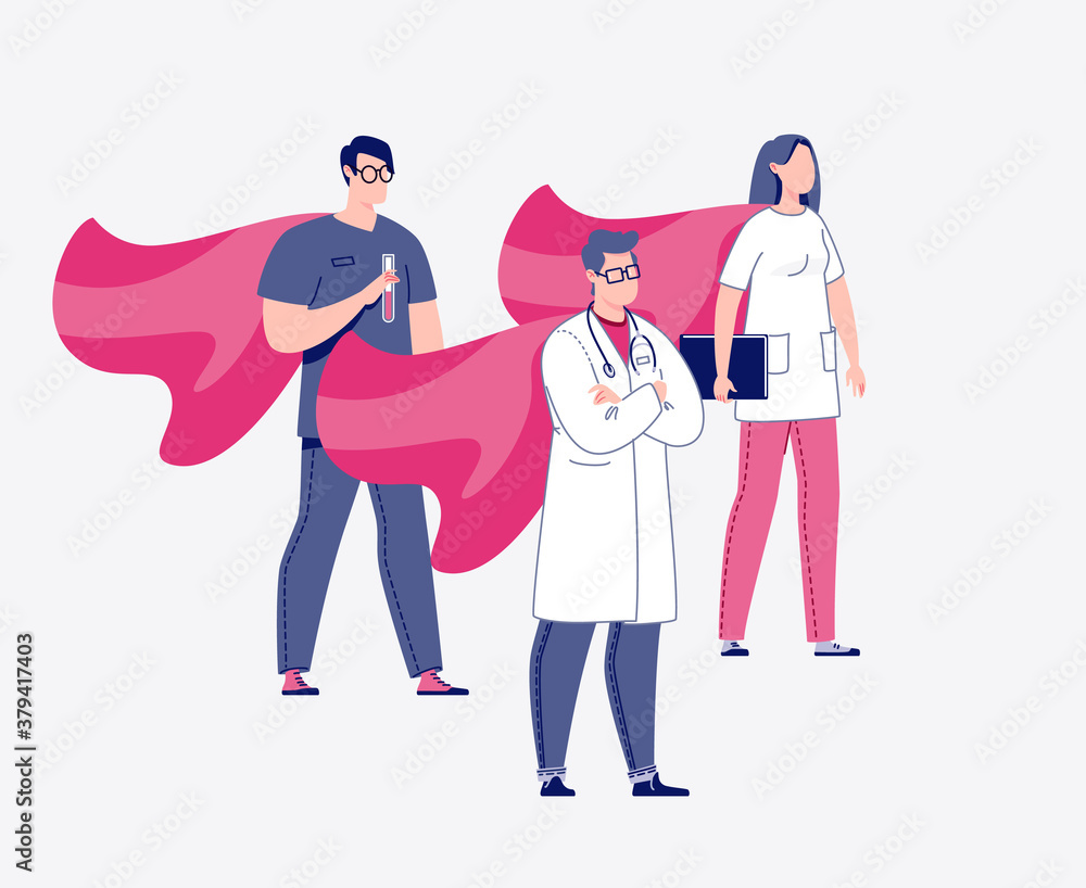 Doctor, laboratory assistant, nurse in cloaks of superheroes. Rastr. Illustration in a flat cartoon style.