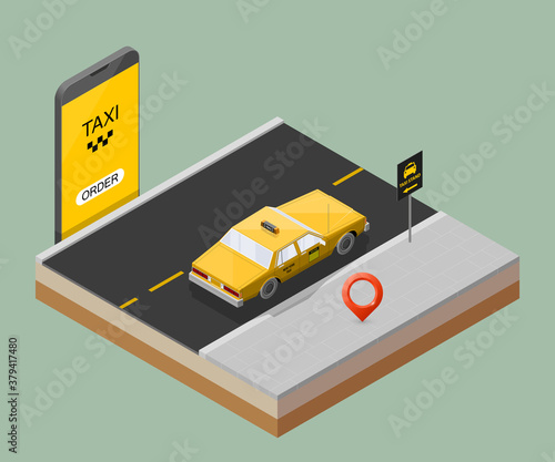 Yellow isometric taxi cab banner. Online navigation application order taxi service. Isometry car isometric route banner. 3D taxi classic vehicle itinerary road. Get a taxi online phone application